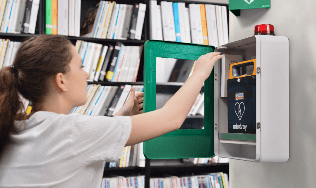 Automated external defibrillator in school’s library